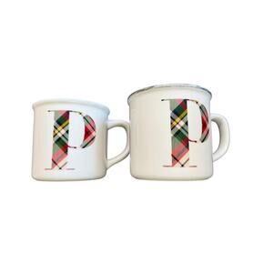 "Pottery Barn" Set Of 2 Letter P Mugs PLZ READ FINAL SALE!! Christmas Plaid